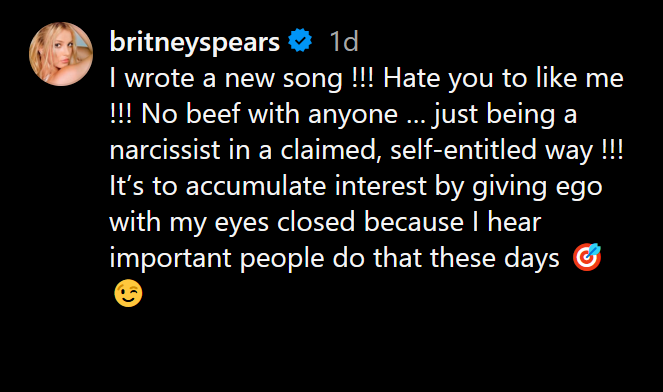 A screenshot of Britney Spears' Instagram caption, discussing a possible new song.