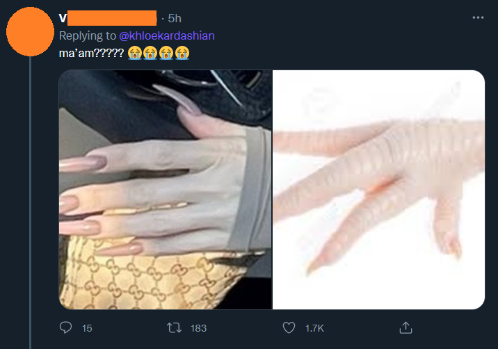 Khloe Kardashian's hand, pale and with large fake nails, appears side-by-side with a chicken foot in this critical tweet.