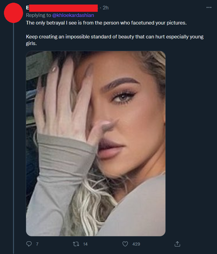 A January 2022 tweet showing Khloe Kardashian's face and her much paler hand, with commentary observing how much she has altered her look.