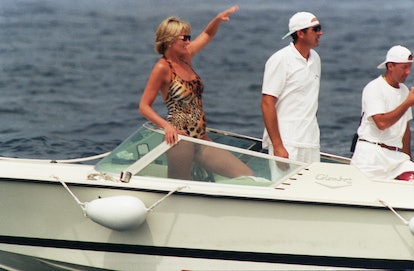 SAINT-TROPEZ, FRANCE - JULY 17: Diana, Princess of Wales, wearing an animal print, halterneck swimsu...