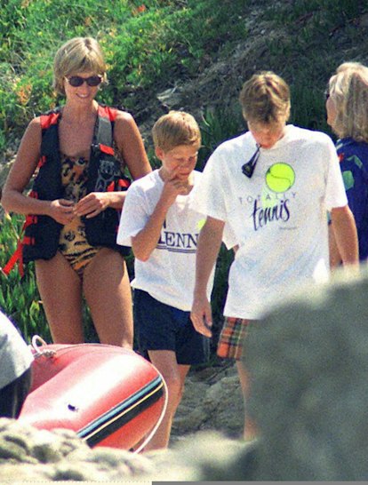 la princesse de Galles Lady Diana, plaisante avec ses fils Harry (C) et William (D), le 14 juillet, ...