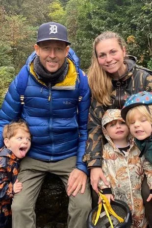 Jonnie Irwin , wife jess and three young boys outdoors