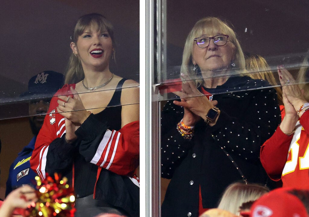 Taylor Swift and Donna Kelce cheer together in the stands in 2023.