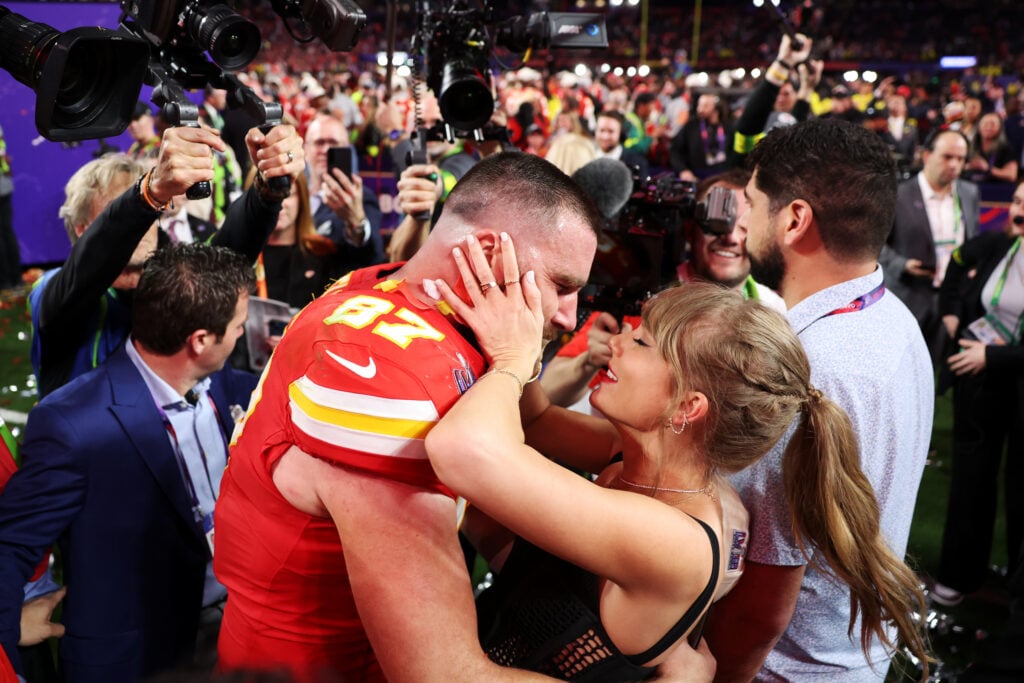 Taylor Swift gazes into the eyes of Travis Kelce after his Super Bowl win in 2024.