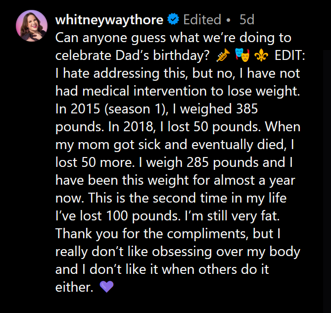 A dark mode screenshot of Whitney Way Thore's Instagram caption detailing her weight loss.