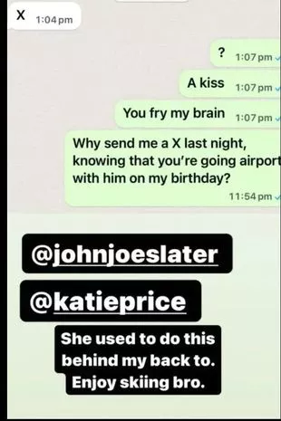 Katie Price's fiance Carl Woods screen shot one of the messages allegedly sent by Katie