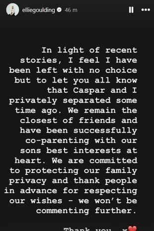 Ellie Goulding shares separation statement via Instagram