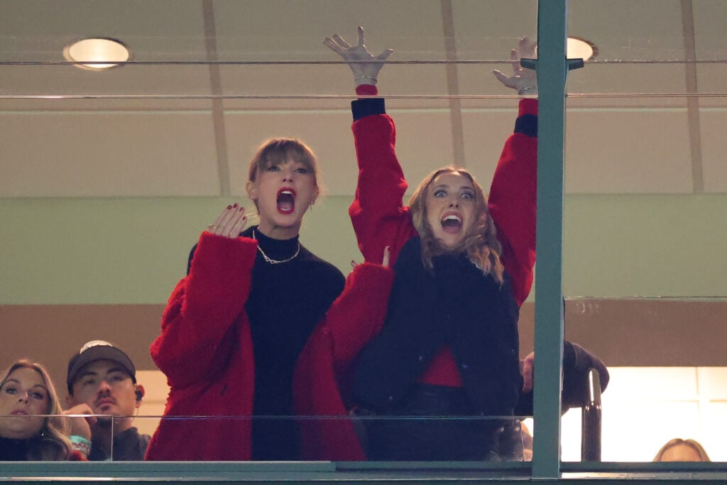 Taylor Swift and Brittany Mahomes cheer on the Kansas City Chiefs from a luxury box.