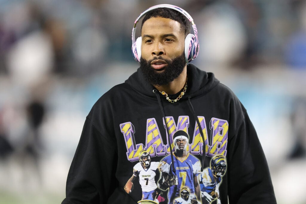 Odell Beckham Jr. warms up before the game against the Jacksonville Jaguars at EverBank Stadium on December 17, 2023 in Jacksonville, Florida. 