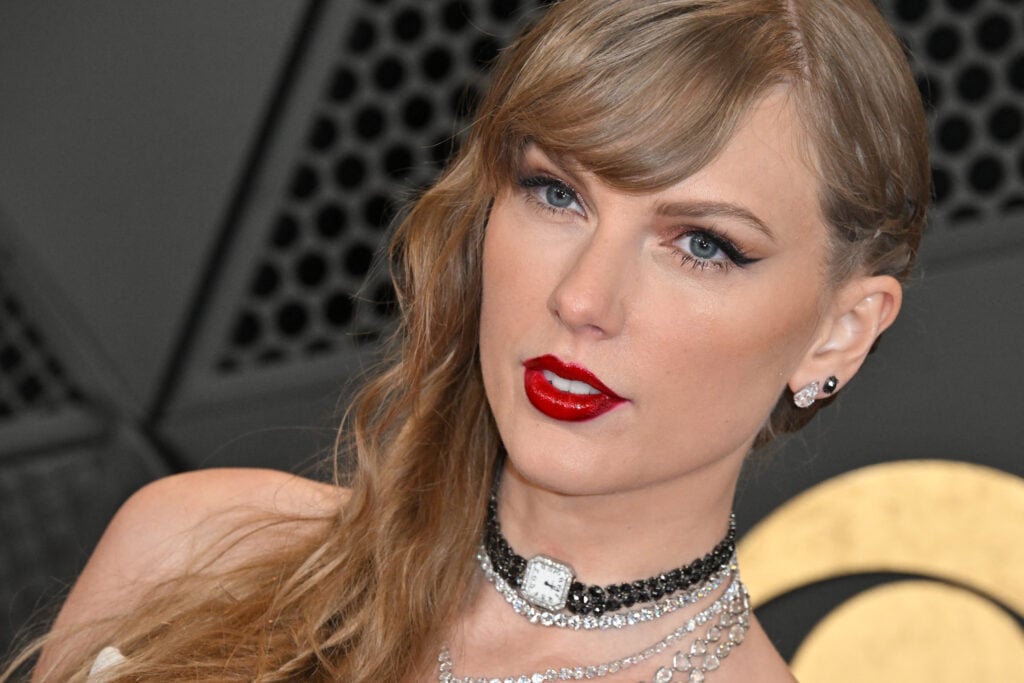 Taylor Swift arrives for the 66th Annual Grammy Awards at the Crypto.com Arena in Los Angeles on February 4, 2024.