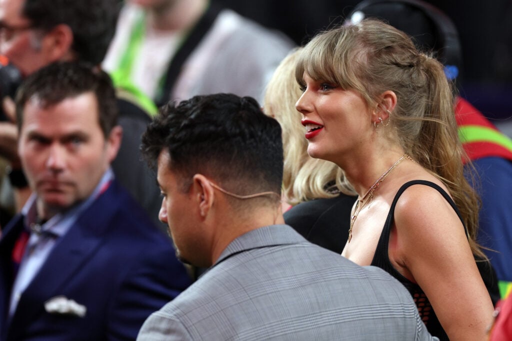 Taylor Swift celebrates after the Kansas City Chiefs defeated the San Francisco 49ers 25-22 in overtime during Super Bowl LVIII at Allegiant Stadium on February 11, 2024 in Las Vegas, Nevada. 