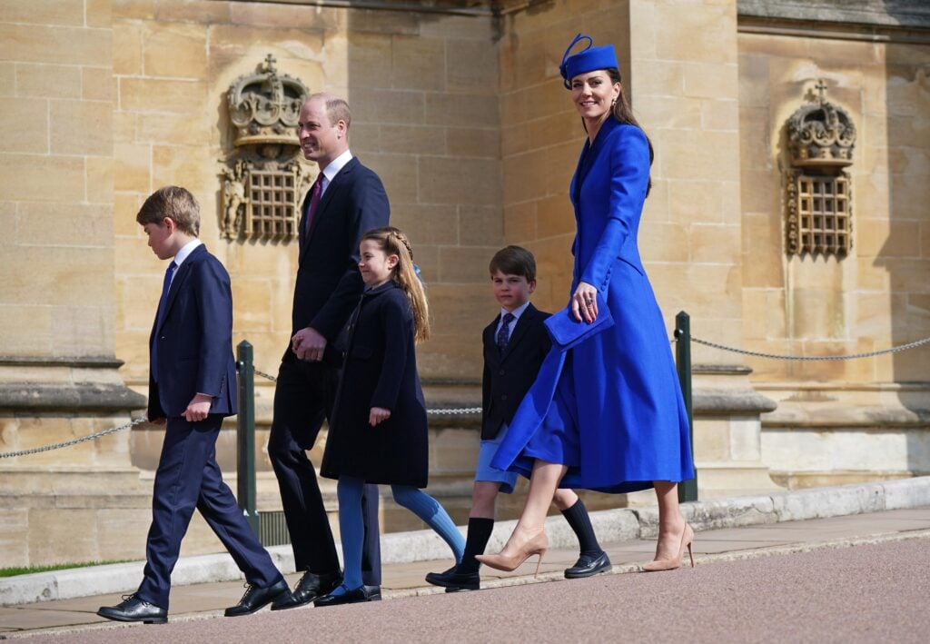 Prince George of Wales, Prince William, Prince of Wales, Princess Charlotte of Wales, Prince Louis of Wales and Catharine, Princess of Wales attend the Easter Mattins Service at Windsor Castle on April 9, 2023 in Windsor, England. 