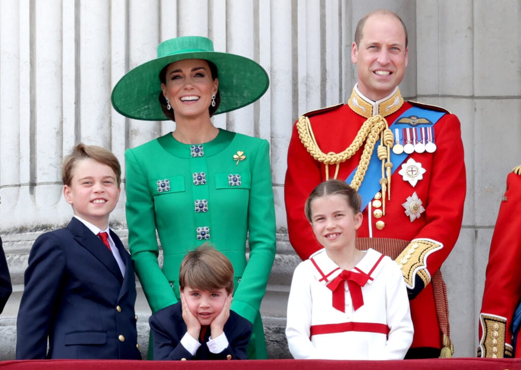 Prince William, Prince of Wales, Prince Louis of Wales, Catherine, Princess of Wales , Princess Charlotte of Wales and Prince George of Wales on the Buckingham Palace balcony during Trooping the Colour on June 17, 2023 in London, England. Trooping the Colour is a traditional parade held to mark the British Sovereign's official birthday. 