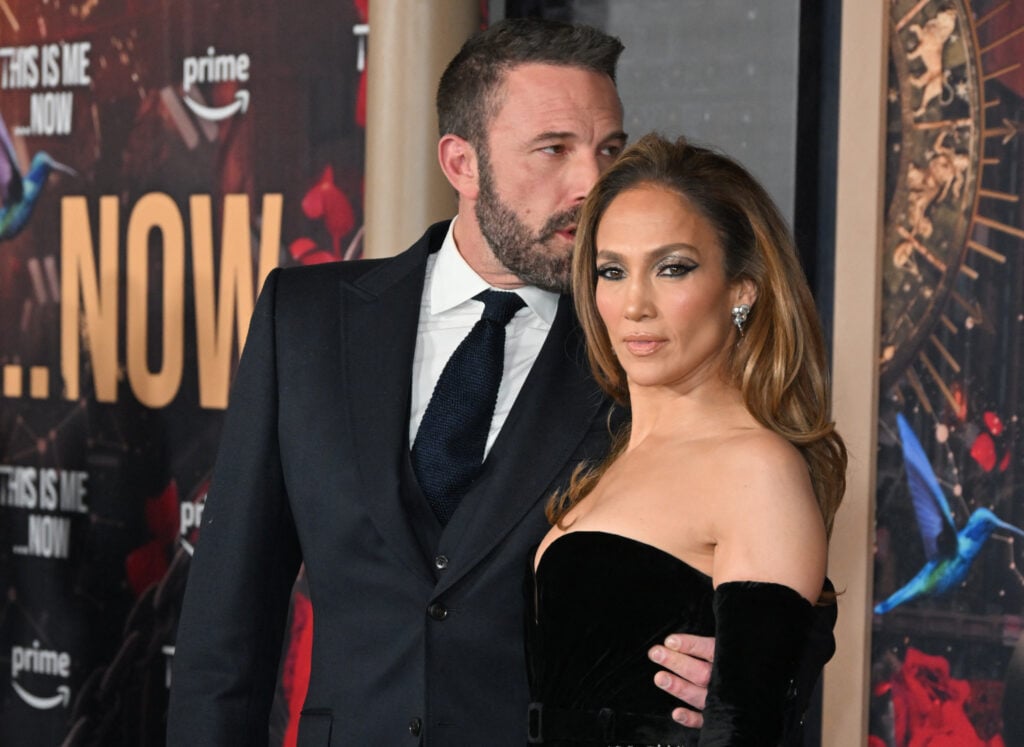 Jennifer Lopez stares at the camera while Ben Affleck directs his focus elsewhere in 2024.