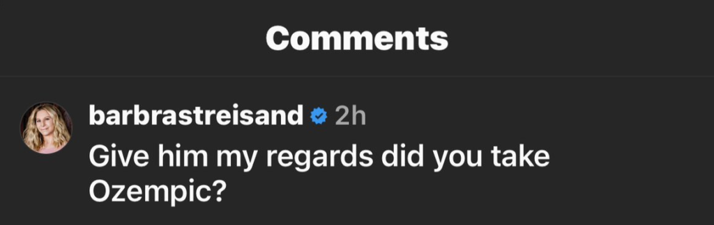 A dark mode mobile screenshot of Barbra Streisand's Instagram comment.