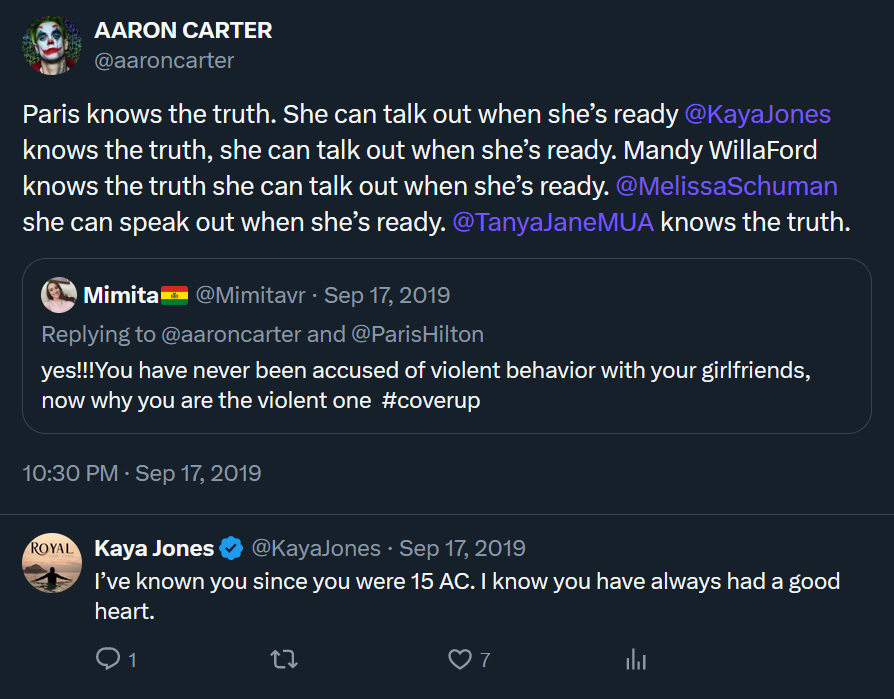 A tweet by Aaron Carter opposing his older brother, with a reply tweet by Kaya Jones showing support for Aaron.