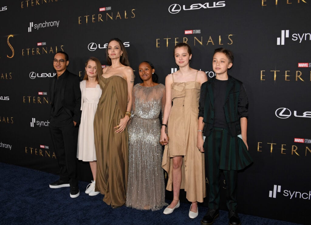 Maddox Jolie-Pitt, Vivienne Jolie-Pitt, Angelina Jolie, Zahara Jolie-Pitt, Shiloh Jolie-Pitt, and Knox Jolie-Pitt at the 2021 premiere of Eternals.