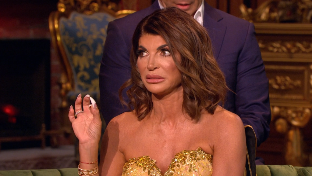 An unhappy Teresa Giudice speaks at the RHONJ Reunion.