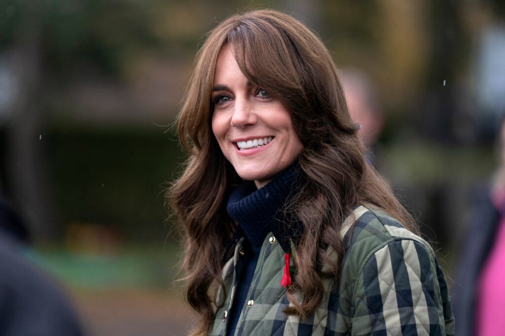 Catherine, Princess of Wales, known as the Duchess of Rothesay when in Scotland, meets farmers at Brodieshill Farm, Moray, Scotland, to learn about efforts being made to better support the mental health and wellbeing of young people on November 02, 2023 in Moray, Scotland. 