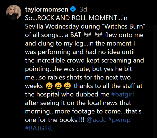 A dark mode Instagram screenshot from Taylor Momsen.