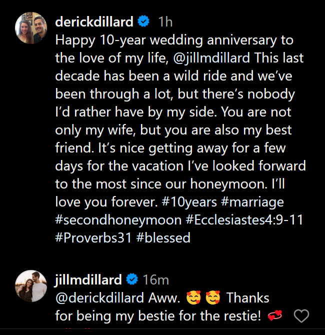 A dark mode Instagram screenshot of Derick Dillard's caption followed by Jill Duggar's comment.