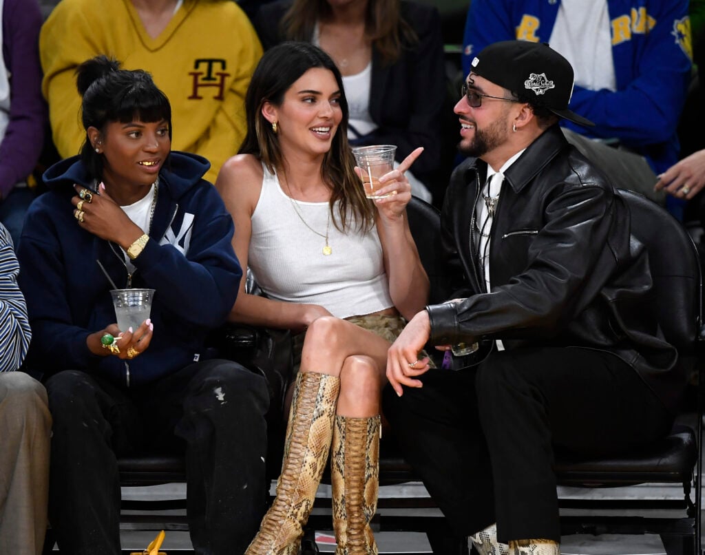 Kendall Jenner and Bad Bunny attend the Western Conference Semifinal Playoff game between the Los Angeles Lakers and Golden State Warriors at Crypto.com Arena on May 12, 2023 in Los Angeles, California. 