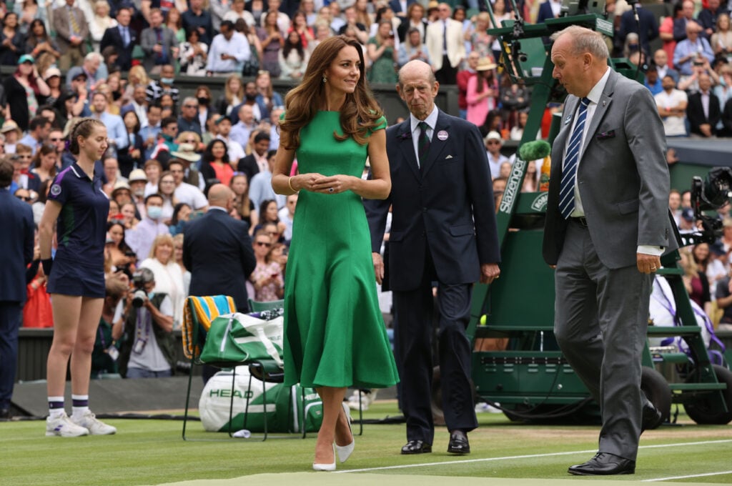 HRH Catherine, The Duchess of Cambridge after the Ladies' Singles Final match between Ashleigh Barty of Australia and Karolina Pliskova of The Czech Republic  on Day Twelve of The Championships - Wimbledon 2021. 