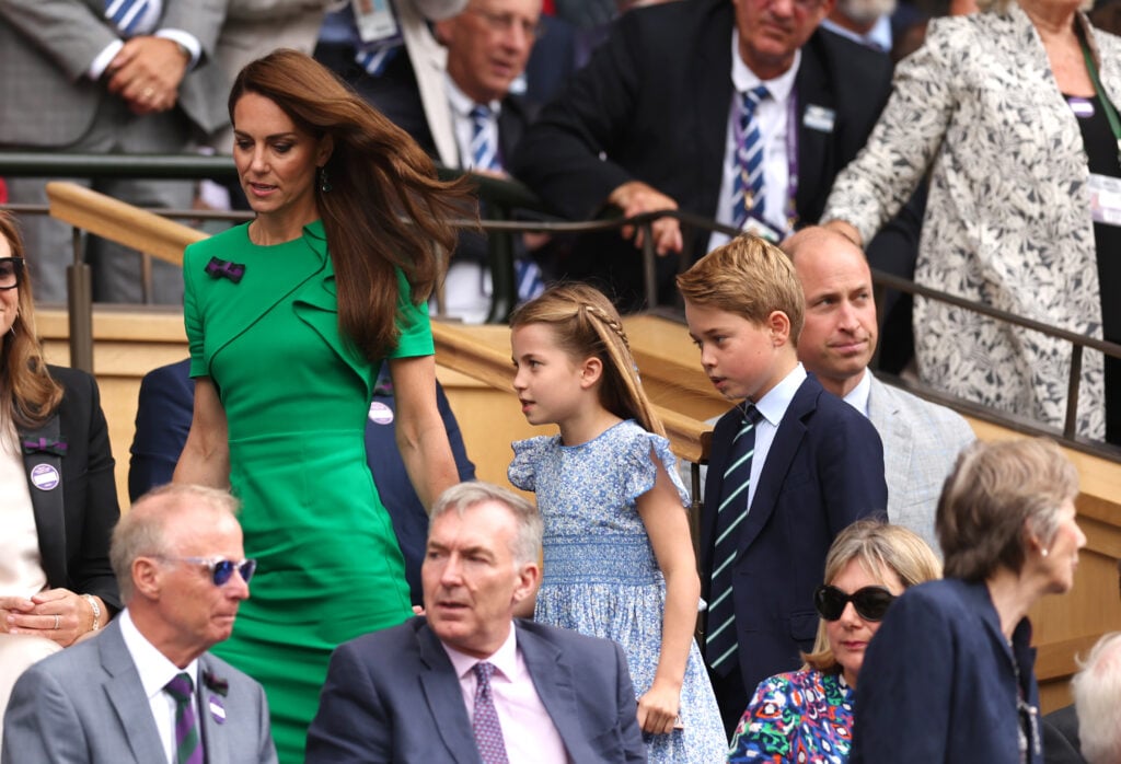 Catherine, Princess of Wales, Princess Charlotte of Wales, Prince George of Wales and Prince William, Prince of Wales, are seen in the Royal Box ahead of the Men's Singles Final between Novak Djokovic of Serbia and Carlos Alcaraz of Spain on day fourteen of The Championships Wimbledon 2023 at All England Lawn Tennis and Croquet Club on July 16, 2023 in London, England. 