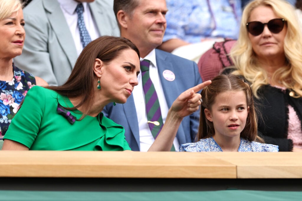 Catherine, Princess of Wales and Princess Charlotte of Wales are seen in the Royal Box ahead of the Men's Singles Final between Novak Djokovic of Serbia and Carlos Alcaraz of Spain on July 16, 2023 in London, England. 