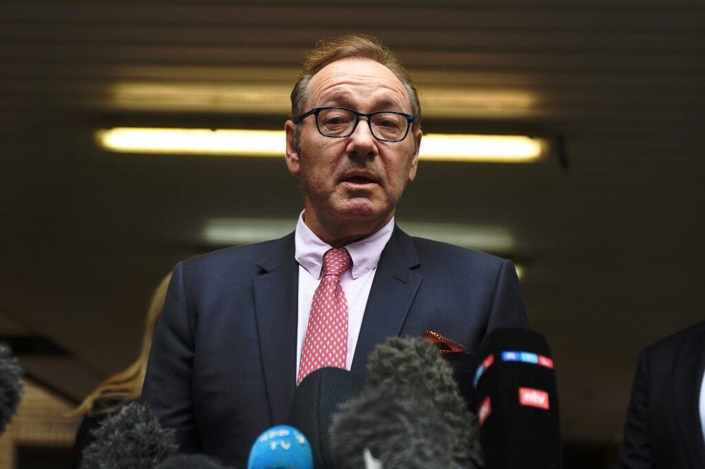 Kevin Spacey speaks to press after leaving court at Southwark Crown Court on July 26, 2023 in London, England. 