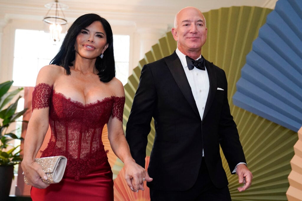 Executive chairman of Amazon Jeff Bezos and actress Lauren Sanchez arrive for a State Dinner in honor of Japanese Prime Minister Fumio Kishida, at the Booksellers Room of the White House in Washington, DC, on April 10, 2024. 