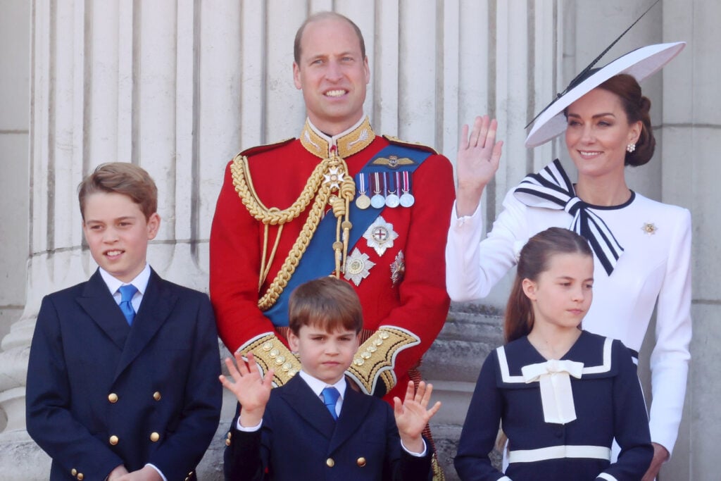 Prince George of Wales, Prince William, Prince of Wales, Prince Louis of Wales, Princess Charlotte of Wales and Catherine, Princess of Wales during Trooping the Colour at Buckingham Palace on June 15, 2024 in London, England. 