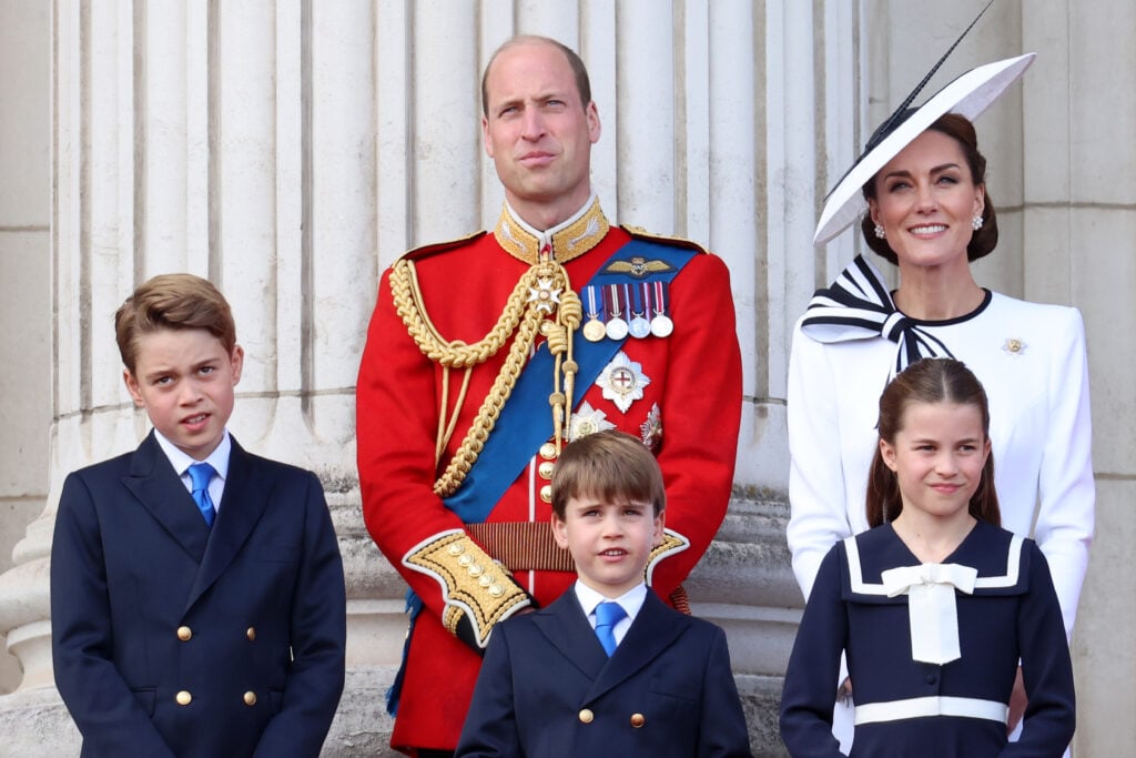 Prince George of Wales, Prince William, Prince of Wales, Prince Louis of Wales, Princess Charlotte of Wales and Catherine, Princess of Wales during Trooping the Colour at Buckingham Palace on June 15, 2024 in London, England.