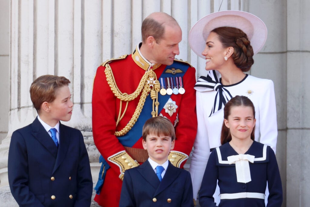 Prince George of Wales, Prince William, Prince of Wales, Prince Louis of Wales, Princess Charlotte of Wales and Catherine, Princess of Wales during Trooping the Colour at Buckingham Palace on June 15, 2024 in London, England. 