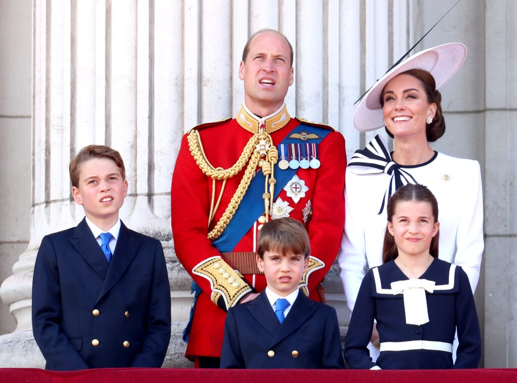 Prince George of Wales, Prince William, Prince of Wales, Prince Louis of Wales, Catherine, Princess of Wales and Princess Charlotte of Wales on the balcony during Trooping the Colour at Buckingham Palace on June 15, 2024 in London, England.  