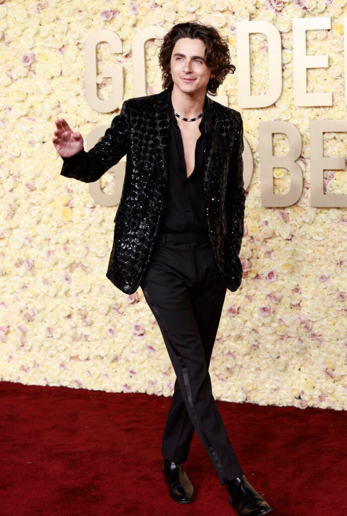 Timothee Chalamet in January of 2024 with a plunging neckline.