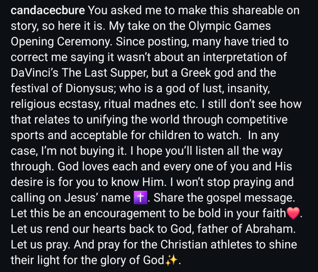 A dark mode screenshot of Candace Cameron Bure's anti-Olympics opening ceremony rant.