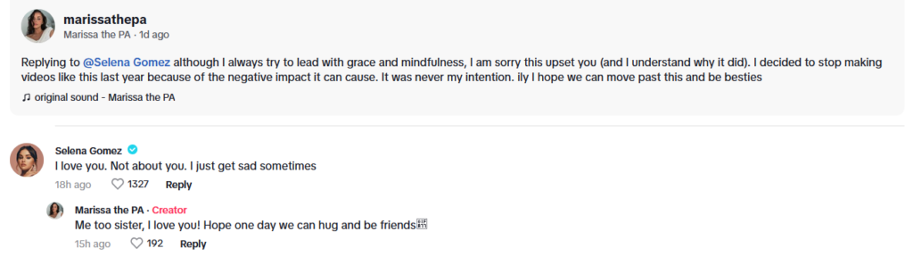 A screenshot of a TikTok caption followed by a comment by Selena Gomez.