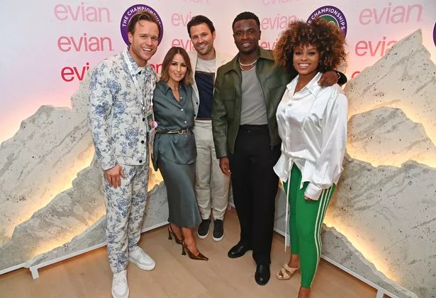 Olly Murs, Rachel Stevens, Mark Wright, Michael Dapaah aka Big Shaq and Fleur East pose in the evian 'Mountain Of Youth' VIP suite during day 8 of Wimbledon 2024 on July 8 2024