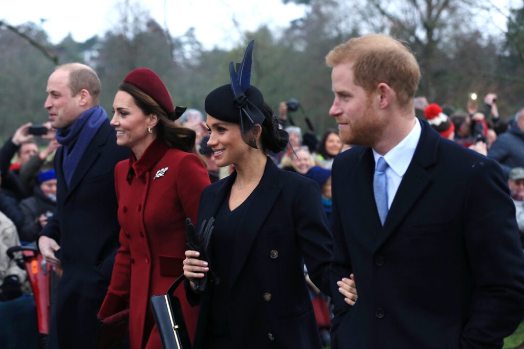 Prince William, Duke of Cambridge, Catherine, Duchess of Cambridge, Meghan, Duchess of Sussex and Prince Harry, Duke of Sussex leave after attending Christmas Day Church service at Church of St Mary Magdalene on the Sandringham estate on December 25, 2018 in King's Lynn, England. 