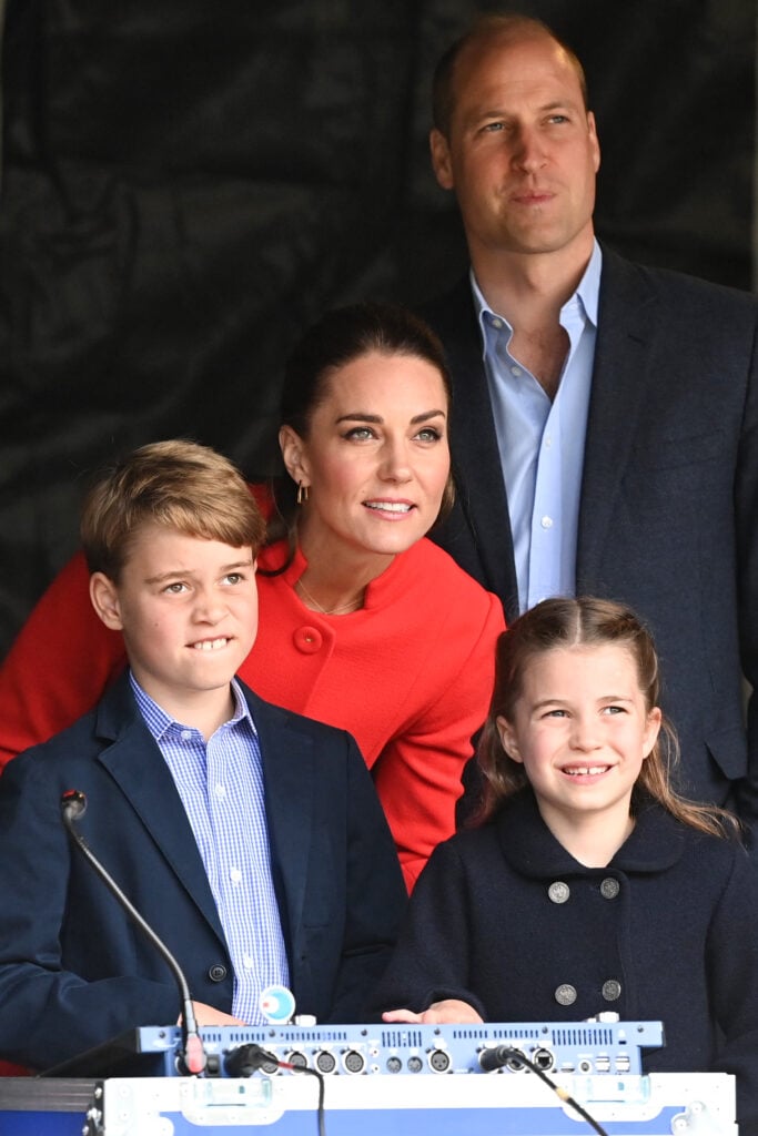 Prince William, Duke of Cambridge, Prince George of Cambridge, Princess Charlotte of Cambridge and Catherine, Duchess of Cambridge during a visit to Cardiff Castle on June 04, 2022 in Cardiff, Wales. 