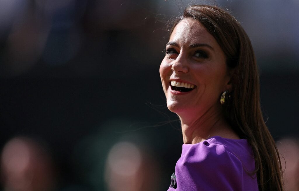 Britain's Catherine, Princess of Wales reacts during the trophy ceremony at the end of the men's singles final tennis match between Spain's Carlos Alcaraz and Serbia's Novak Djokovic on the fourteenth day of the 2024 Wimbledon Championships.