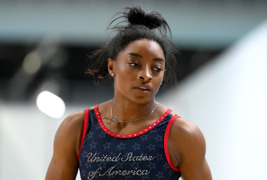 Simone Biles of Team United States looks on during a gymnastics training session ahead of the Paris Olympic Games at Gymnastic Training Centre of Le Bourget on July 23, 2024 in Le Bourget, France. 