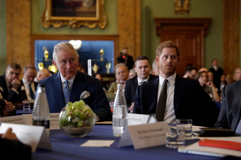 Prince Harry and Prince Charles, Prince of Wales attend the 'International Year of The Reef' 2018 meeting at Fishmongers Hall on February 14, 2018 in London, England.  