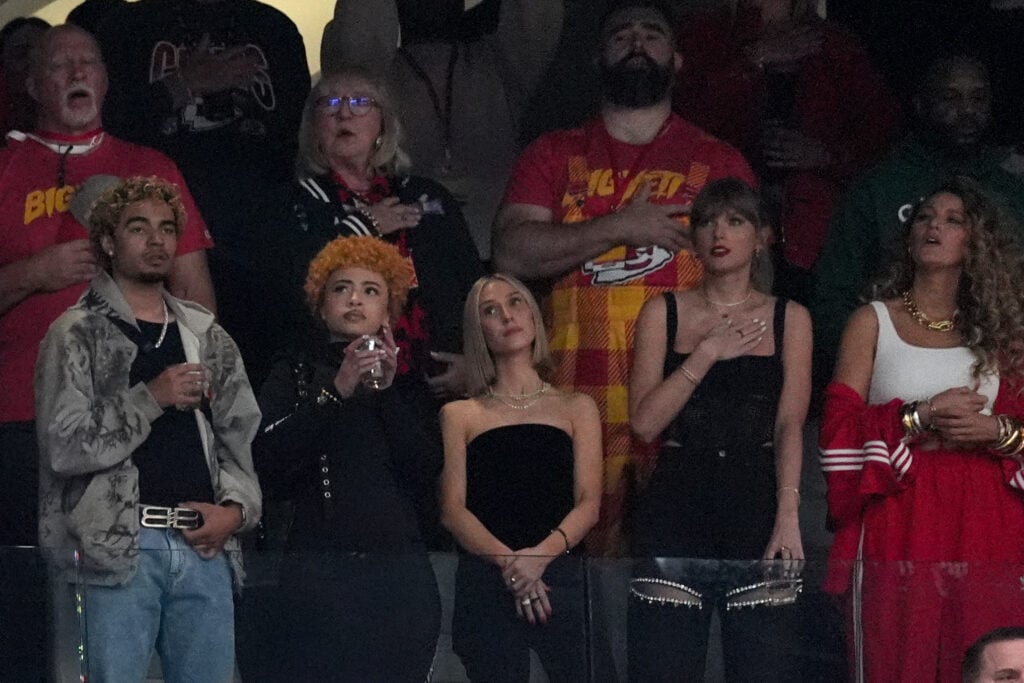 Taylor Swift and friends attend the 2024 Super Bowl, with Donna Kelce and Ed Kelce in the stands nearby.