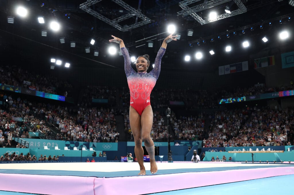 Simone Biles completes her floor routine at the 2024 Paris Olympic games.