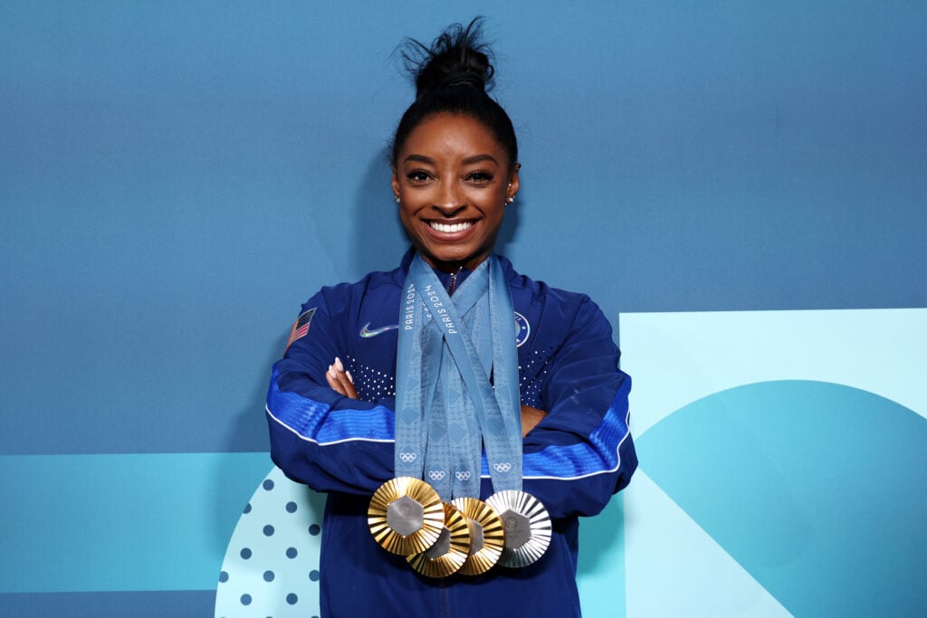 Simone Biles on August 5, 2024 with her hard-earned medals.