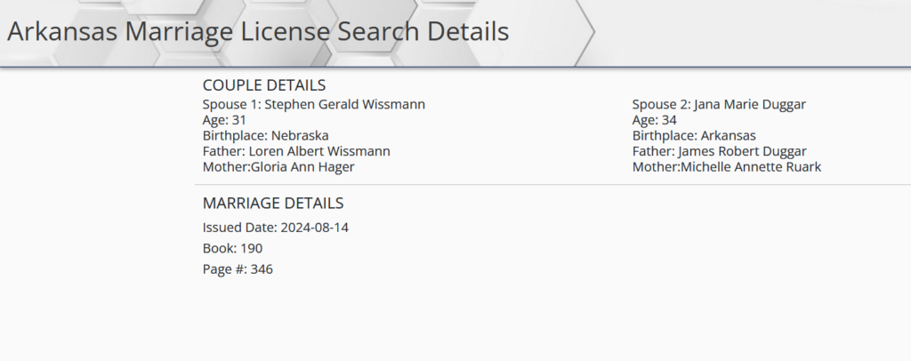 An Arkansas marriage license search results screenshot featuring Jana Duggar and Stephen Wissmann.