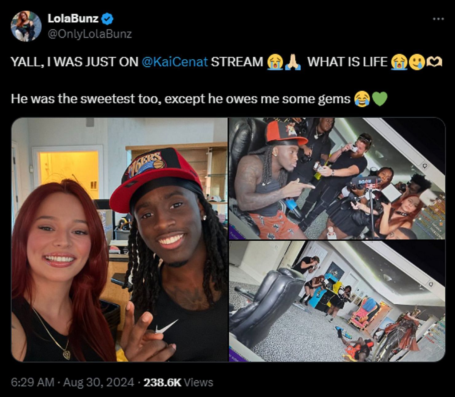 LolaBunz's wholesome post after visiting Kai Cenat's house (Image via X/LolaBunz)