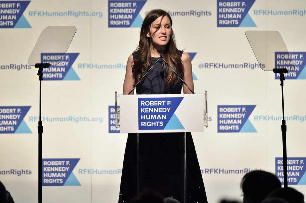 Kick Kennedy speaks onstage as Robert F. Kennedy Human Rights hosts The 2015 Ripple Of Hope Awards honoring Congressman John Lewis, Apple CEO Tim Cook, Evercore Co-founder Roger Altman, and UNESCO Ambassador Marianna Vardinoyannis at New York Hilton on December 8, 2015 in New York City. 